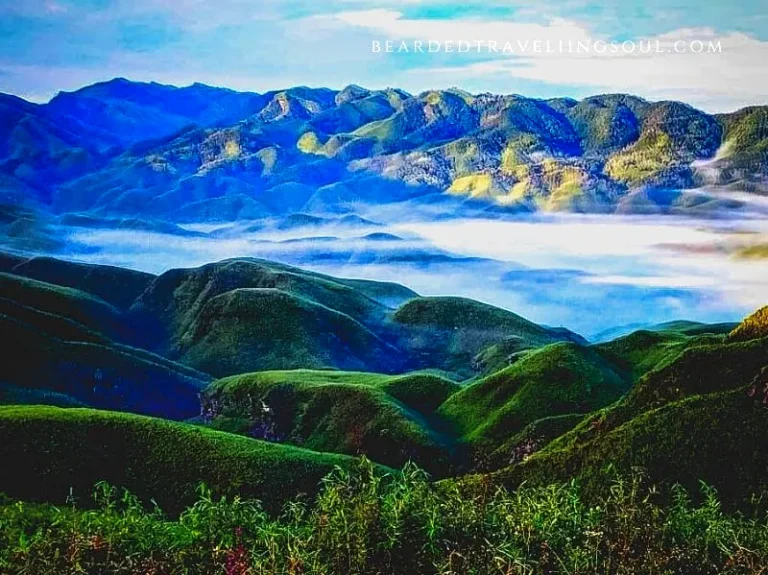 An early morning view of the mist covered mountains in Dzukou